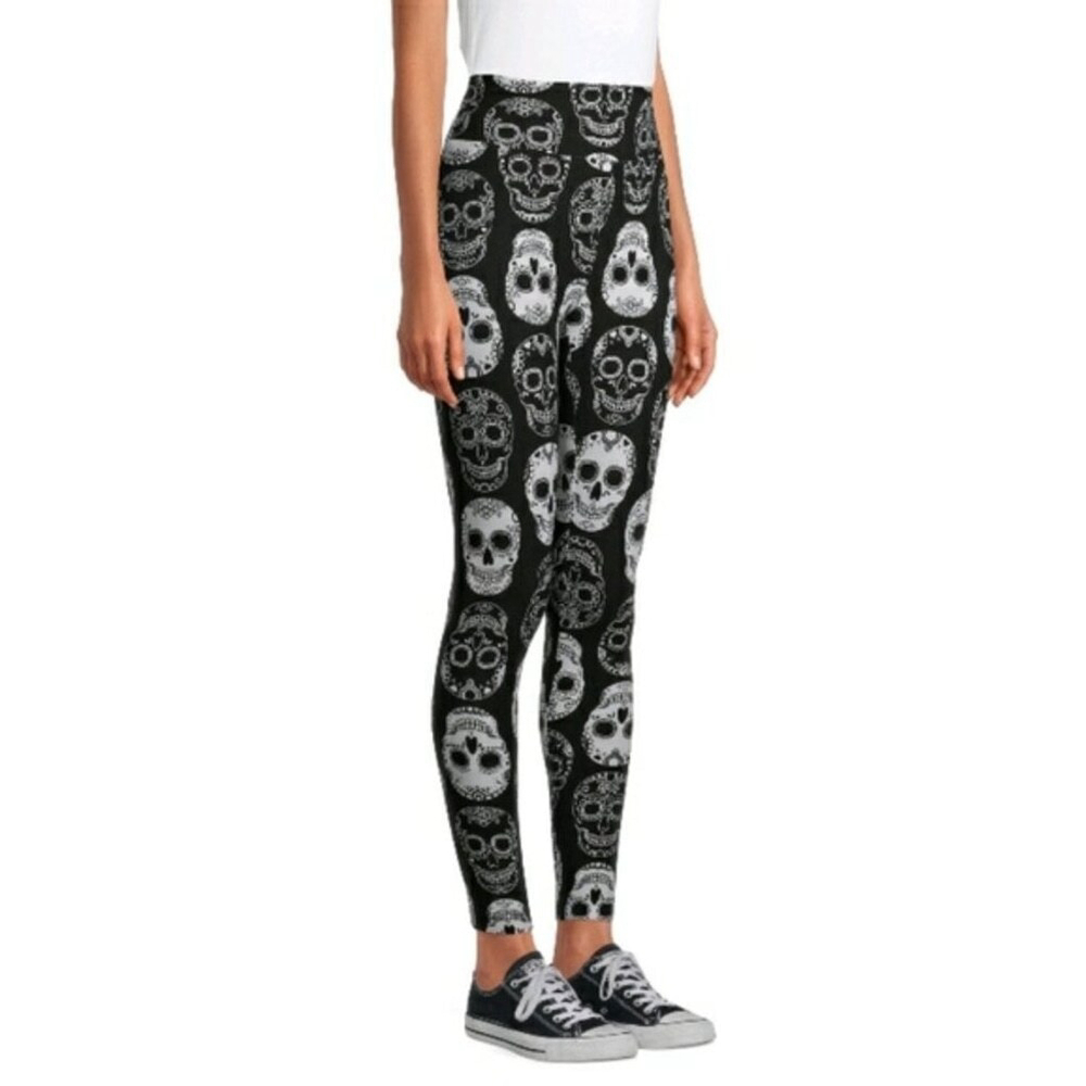 Junior's M Black & White Sugar Skull High Rise Leggings - Picture 3 of 7